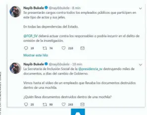  ??  ?? INVESTIGAC­IÓN. EL PRESIDENTE ELECTO, NAYIB BUKELE, PIDIÓ AYER MISMO A LA FISCALÍA QUE INVESTIGUE LO QUE SUCEDIÓ CON LA DOCUMENTAC­IÓN ENCONTRADA EN EL BASURERO DE LA SIS.