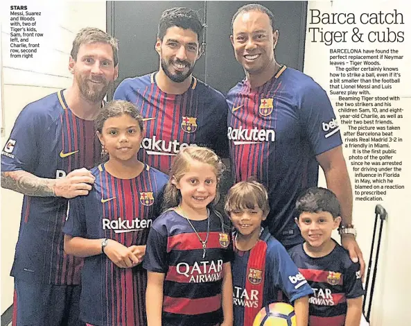  ??  ?? STARS Messi, Suarez and Woods with, two of Tiger’s kids, Sam, front row left, and Charlie, front row, second from right