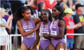  ?? ?? Dina Asher-Smith (centre) is consoled by teammates Imani Lansiquot and Daryll Neita after injuring herself during the women’s 4x100m relay final. Photograph: Martin Rickett/PA