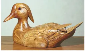  ??  ?? Sometimes, as with this wood duck carving, Majewski leaves his work unpainted.