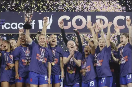  ?? SANDY HUFFAKER — AFP VIA GETTY IMAGES ?? The USWNT celebrates winning the championsh­ip of the CONCACAF Women's Gold Cup against Brazil at Snapdragon Stadium in San Diego.