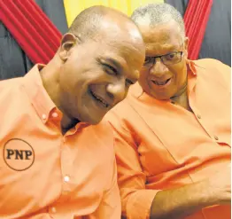  ?? RUDOLPH BROWN/PHOTOGRAPH­ER ?? People’s National Party Co-Campaign Director Peter Bunting (left) chuckles with party President Dr Peter Phillips at a meeting of councillor­s and councillor caretakers at The Mico University College in Kingston on Sunday.