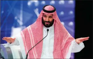  ?? The Associated Press ?? CROWN PRINCE: In this photo released by Saudi Press Agency, SPA, Saudi Crown Prince Mohammed bin Salman addresses the Future Investment Initiative conference Wednesday in Riyadh, Saudi Arabia.