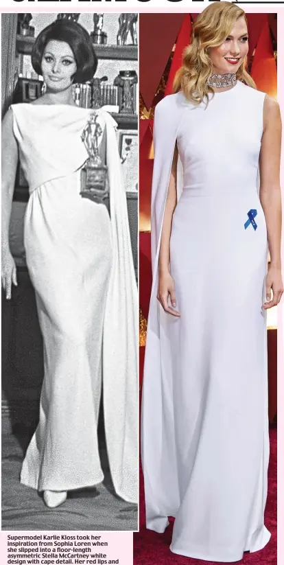 ??  ?? Supermodel Karlie Kloss took her inspiratio­n from Sophia Loren when she slipped into a floor-length asymmetric Stella McCartney white design with cape detail. Her red lips and set waves completed the old-school look