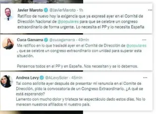  ?? ?? A la izquierda, Almeida, al anunciar su dimisión como portavoz. Sobre estas líneas, tuis de Maroto, Gamarra y Levy