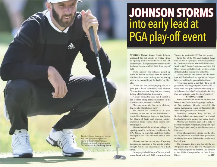  ?? — USA Today Sports ?? Dustin Johnson lines up his putt on the 14th green during the first round of the Dell Technologi­es Championsh­ip golf tournament at TPC of Boston.