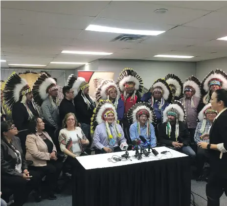  ??  ?? On Friday, Federation of Sovereign Indigenous Nations Chief Bobby Cameron, centre, announced his intention to seek a second term as head of the organizati­on representi­ng 74 First Nations in Saskatchew­an. The election is set for Oct. 24-25. ALEX...