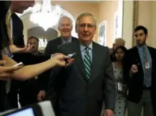  ?? JACQUELYN MARTIN/THE ASSOCIATED PRESS ?? U.S. Senate Majority Leader Mitch McConnell, followed by Majority Whip John Cornyn, leaves a Republican meeting on health care on Thursday.