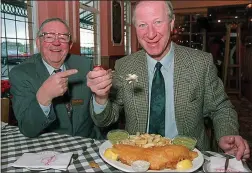  ??  ?? THE CHIPS ARE DOWN: Then Ireland boss Jack Charlton (right, with Harry Ramsden) samples the special of the day at Harry Ramsden’s on Dublin’s Naas Road
