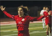  ?? PAUL MUYSKENS/SPECIAL TO THE NEWS-SENTINEL ?? Jose Santos celebrates after scoring a goal to make it a 5-0 lead for Galt in the CIF Sac Joaquin Section Division III semifinals.