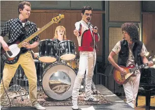  ?? ALEX BAILEY TWENTIETH CENTURY FOX ?? Joe Mazzello (John Deacon), left, Ben Hardy (Roger Taylor), Rami Malek (Freddie Mercury) and Gwilym Lee (Brian May) star in Bohemian Rhapsody.