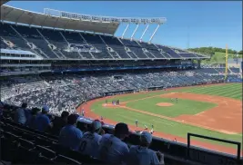  ?? DAVID ALLEN — STAFF PHOTOGRAPH­ER ?? Kauffman Stadium in Kansas City is reminiscen­t of Dodger Stadium, says our columnist, who helped bolster June 29’s official attendance of 11,391while on vacation.