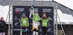  ?? PHOTO: LENNON BRIGHT/WINTER GAMES NZ ?? Ruby’s Monday . . . Winter Games freeski slopestyle gold medallist Ruby Andrews (centre) celebrates with Yuna Koga (left, Japan) and Madeleine Disbrowe (New Zealand) yesterday.