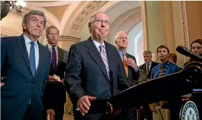  ?? AP ?? Senate Majority Leader Mitch McConnell, R-Ky., centre, , joined from left by Sen. Roy Blunt, R-Mo., Sen. John Thune, R-S.D., and Majority Whip John Cornyn, R-Texas, speaks with reporters about Supreme Court nominee Brett Kavanaugh.