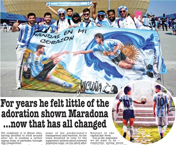  ?? AFP/REUTERS ?? I am legend: banners showing Argentine heroes Maradona and Messi at the Ahmad bin Ali Stadium on Saturday