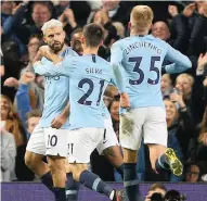  ?? EPA ?? MANCHESTER CITY’S Sergio Aguero celebrates scoring for his side. |