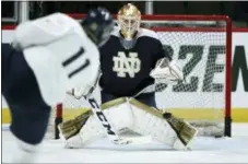  ?? ANTHONY SOUFFLE — STAR TRIBUNE VIA AP ?? Notre Dame goaltender Cale Morris (32) makes a save off a shot by Cal Burke (11) during practice Wednesday in St. Paul. Minn. Notre Dame faces Michigan Thursday in the semifinals of the Frozen Four.