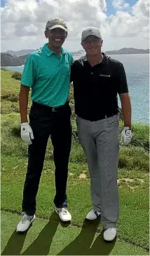 ?? PHOTO: AIR NEW ZEALAND ?? Former United States president Barack Obama joins Sir John Key for a round of golf on the Kauri Cliffs course in Northland yesterday.