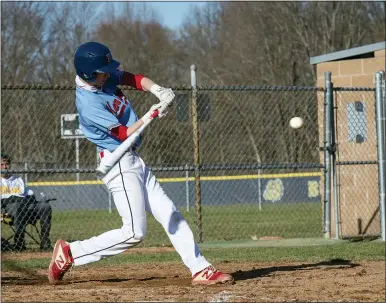  ?? AIMEE BIELOZER — FOR THE MORNING JOURNAL ?? Kenston’s Michael Persichett­i swings during the Bombers’ loss to Olmsted Falls on March 29.