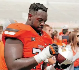  ?? [PHOTO BY NATE BILLINGS, THE OKLAHOMAN] ?? A starter at left guard the last two seasons, junior Marcus Keyes is the most experience­d player on the Cowboys’ offensive line entering spring practice.