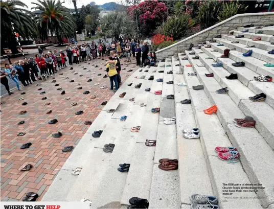  ?? PHOTO: MARTIN DE RUYTER/NELSON MAIL ?? The 606 pairs of shoes on the Church Steps symbolisin­g those who took their own lives in 2016-17.