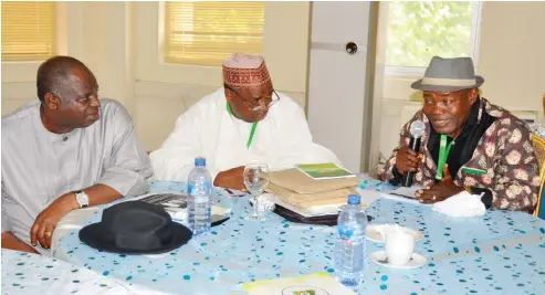  ?? PHOTO: IKECHUKWU IBE ?? From left: Former Bayelsa State Governor Diepreye Alamieyese­igha, retired Col. Bala Mande and Osung Okon, all members of the National Conference committee on public finance and revenue, during their meeting yesterday.