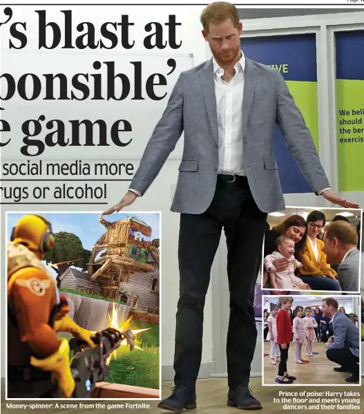  ??  ?? Money-spinner: A scene from the game Fortnite Prince of poise: Harry takes to the floor and meets young dancers and their families