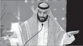  ?? AP ?? Saudi Crown Prince Mohammed bin Salman addresses an economic summit Wednesday.