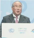  ?? Photo: Xinhua ?? China’s special representa­tive on climate change affairs Xie Zhenhua delivers a speech during a high-level meeting of UN climate talks in Bonn, Germany, on November 16, 2017.