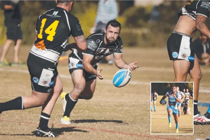  ??  ?? Sam Meskell offloads to Nick Harrold during Tweed’s loss against the Northern Pride in yesterday’s QCup clash at Piggabeen. While Gideon Gela-Mosby (inset) streaks away to score.Pictures: SMP IMAGES