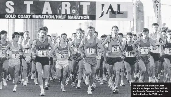  ??  ?? The start of the 1991 Gold Coast Marathon; the packed field in 1997; and Amanda Dann and Lee Pratt tie the knot before the 1996 race.