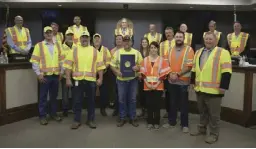  ?? ?? The Oklahoma Transporta­tion Commission, Secretary of Transporta­tion Tim Gatz and Chief Engineer Brian Taylor were joined by ODOT maintenanc­e crew members at Monday’s commission meeting to help kick off work zone awareness month activities. This year’s campaign focuses on slowing down, not following too closely, putting away distractio­ns and always buckling up to help keep everyone safe in work zones.