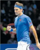  ?? Photo / Getty Images ?? Roger Federer celebrates beating Dominic Thiem at O2 Arena in London yesterday.