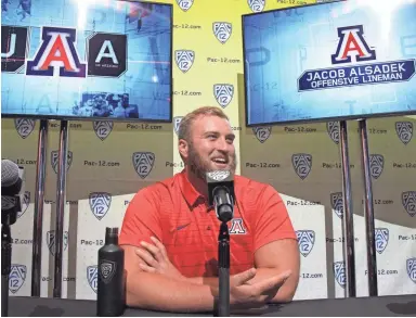  ?? KIRBY LEE/USA TODAY SPORTS ?? University of Arizona offensive lineman Jacob Alsadek says that getting a degree allows college athletes to have more opportunit­ies when they graduate, particular­ly when playing football post-graduation is not an option.