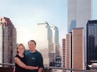  ??  ?? THE Stantons on the terrace of their New York City apartment. The Twin Towers are on the right. Two months after they moved in, the Towers fell in the 9/11 terror attacks. | SUPPLIED