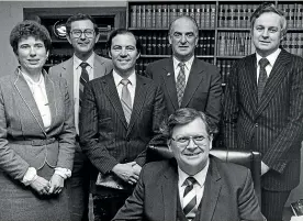  ??  ?? Main photo: Roger Douglas raises David Lange’s arm in triumph on election night 1987 – but it signalled the beginning of the end.
Above: Lange with fourth Labour govt office holders in 1984, including, Michael Cullen second from left. Left: Lange pictured with US Secretary of State George Schultz in 1991. His calling Anzus a ‘‘dead letter’’ in 1989 took his caucus by surprise.