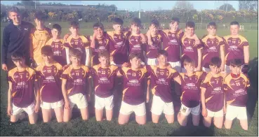  ?? ?? The St Catherine’s U15 football panel that compete in Rebel Óg East Division 2 league and who played in Féile football qualifiers in Lisgoold recently. Back row (l-r): Conor Murray, Jaydan O’Connor, Billy Aherne, Cathal Barry, Shane O’Donoghue, Fionn McCready, Billy McKee, Jake Pratt, Thomas Dee, Cillian Hickey, John Temple and Gearóid Sheehan. Front row (l-r): James Kenneally, Sam Aherne, Tristan Clancy, Liam Moore, Calum O’Driscoll, Kyle O’Donoghue, Alan Cotter, Julian Pietropaol­o and Shay Wallace.