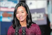  ?? MARY SCHWALM/AP PHOTO ?? Boston Mayor Michelle Wu speaks during a campaign rally last year in Boston.