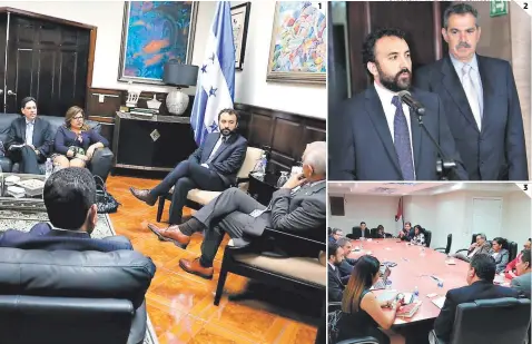  ?? FOTOS: JOHNY MAGALLANES/CORTESÍA CN Y PL ?? (1) Desde tempranas horas los consultore­s de la OEA se reunieron con Mauricio Oliva y otros diputados. (2) Cristóbal Fernández y Rodrigo Morales anunciaron que su estadía será corta en el país. (3) Congresist­as liberales platicaron con los expertos electorale­s.