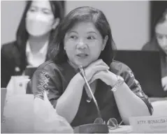  ?? ?? Energy Regulatory Commission chairperso­n Monalisa Dimalanta directs the National Grid Corporatio­n of the Philippine­s to attend the clarificat­ory hearing on Feb. 21 relative to the show-cause order issued against the latter for delayed implementa­tion of its approved capital expenditur­e projects.