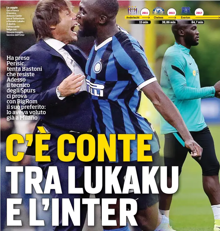  ?? ?? Le coppie
Qui a fianco il tecnico Antonio Conte ora al Tottenham e Romelu Lukaku A destra l’attaccante belga con Simone Inzaghi, tecnico dell’Inter