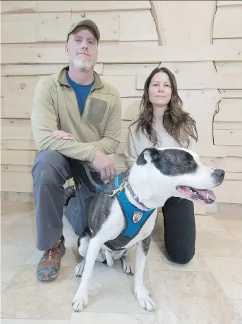  ?? LIAM RICHARDS ?? Marc Lapointe brought along Sticker to meet researcher Colleen Dell at the University of Saskatchew­an on Tuesday. Dell and Lapointe will study how dogs can help people with PTSD and substance abuse issues.