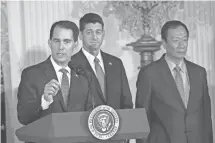  ?? CHRIS KLEPONIS / CNP, TNS ?? Wisconsin Gov. Scott Walker on Wednesday downplayed the time it will take the state of Wisconsin to recoup the up to $3 billion in incentives it will provide in the Foxconn deal.