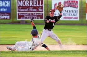  ?? AUSTIN HERTZOG - DIGITAL FIRST MEDIA ?? Boyertown’s Mike Raineri receives the throw from catcher Anthony Rota as Spring-Ford’s Thomas Hughes slides safely into second base. The Rams pulled off a double steal with Sam Barletta taking home for a run during the PAC championsh­ip game Thursday.