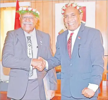  ?? Picture: FIJI GOVERNMENT ?? Fiji Prime Minister Sitiveni Rabuka, left, and Kiribati president Taneti Maamau during Mr Rabuka’s inaugural State visit to Kiribati last month.