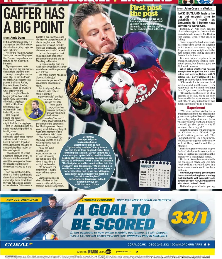  ??  ?? Ambitious Stoke keeper Jack Butland gets the nod ahead of Joe Hart to start tonight in Lithuania...and now his sights are set on being No.1 in Russia