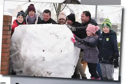  ??  ?? Jo Harty, Caroline and Evan Lemass, Tony Harty, Colm Griffin and Rory Lemass, landing a huge snowball at Moynihan’s, Lackabane, Killarney on Friday.
Sheep Farmer Davy Leane, MacGillycu­ddy’s Reeks, had brought his ewes to lower ground ahead of Storm...