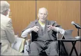  ?? GARY CORONADO — LOS ANGELES TIMES ?? New York real estate scion Robert Durst, 78, answers questions from defense attorney Dick DeGuerin, left, while testifying in his murder trial at the Inglewood Courthouse on Monday.