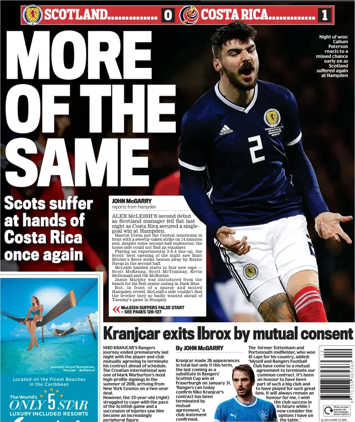  ??  ?? Night of woe: Callum Paterson reacts to a missed chance early on as Scotland suffered again at Hampden