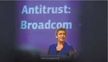  ?? Virginia Mayo / Associated Press ?? European Commission­er for Competitio­n Margrethe Vestager speaks during a media conference.